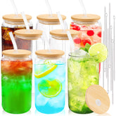Glass Cups with Bamboo Lids and Straws  16 oz water bottles in bulk - 8 pack Clear